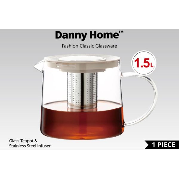 Teapot DANNY 1.5L glass, silver with sieve, white