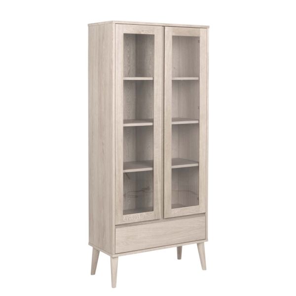 Шкаф-витрина NAGANO 80x37xH178см, с 2-стеклянными дверьми и ящик, материал: массив дерева/шпон дуба, промасленный
