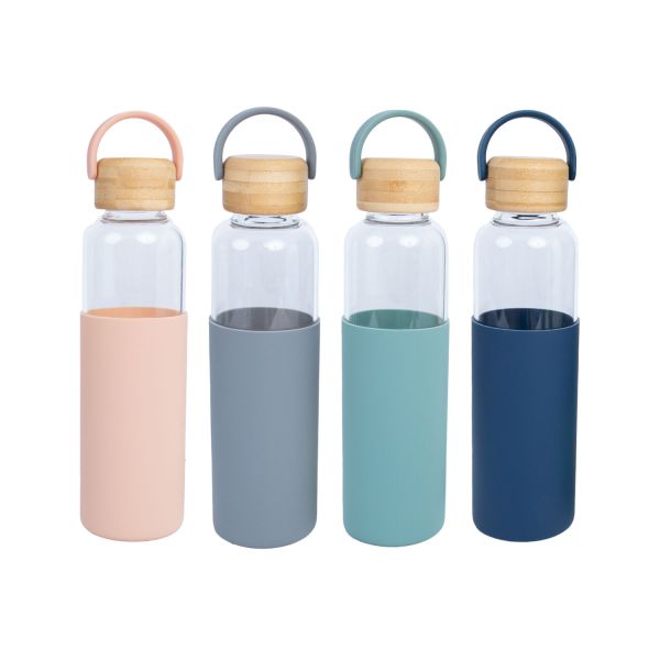Joogipudel GLASS H22,5cm 550ml, klaasist, bambusest korgiga