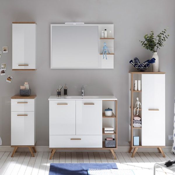 Vannitoamööbli komplekt valamuga 923 valge/tamm, LED, seinakapiga