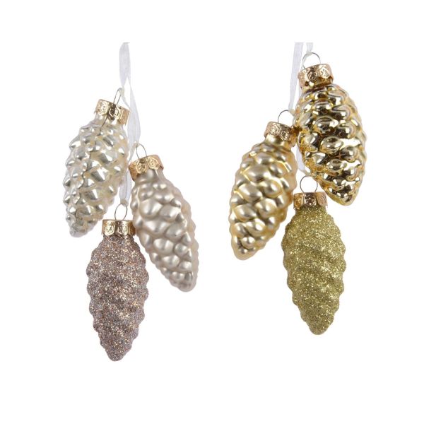 Pinecone glass shiny,matt,glitter mix, dia2.50-H6.00cm, pearl/gold