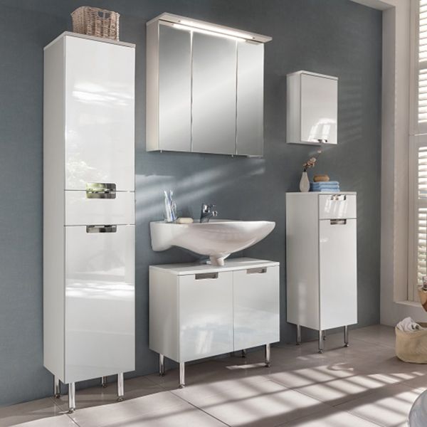 Комплект мебели для ванной комнаты с LED-светильником Mars, белый глянцевый, со шкафом