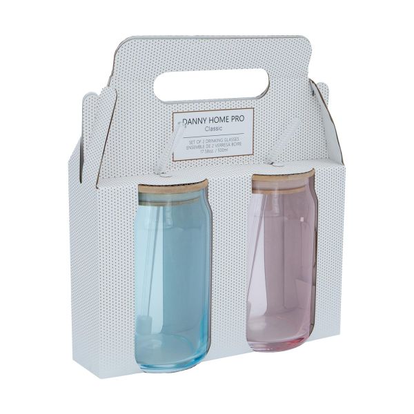 Joogipurgid CLASSIC 2tk 500ml sinine/roosa, kaanega ja klaasist kõrrega 