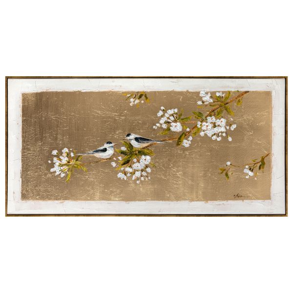 Painting with frame 60x120cm, bird on gold