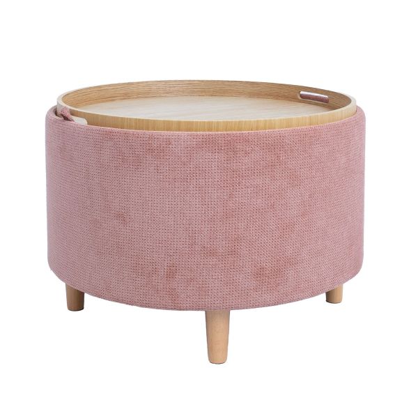 Ottoman/ table HIRO D56xH42,5cm, pink, with storage and tray