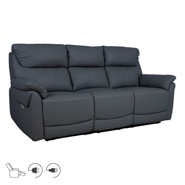Diivan BOWEN 3-kohaline elektriline recliner, tumehall naturaalne nahk