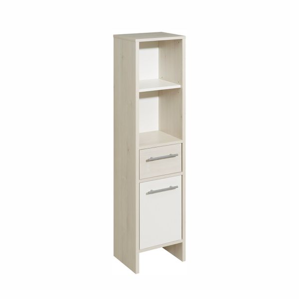 Tall bathroom cabinet 350, 33x28xH136,2cm, white / light brown