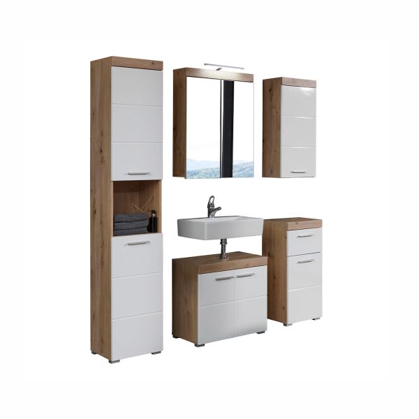 Bathroom set AMANDA white high gloss/oak, LED