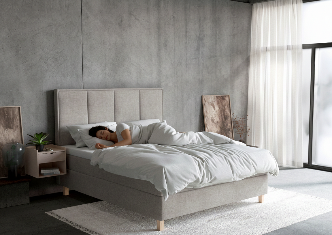 Mugav North Beds sarja kontinentaalvoodi ja magav inimene luksuslikus magamistoas